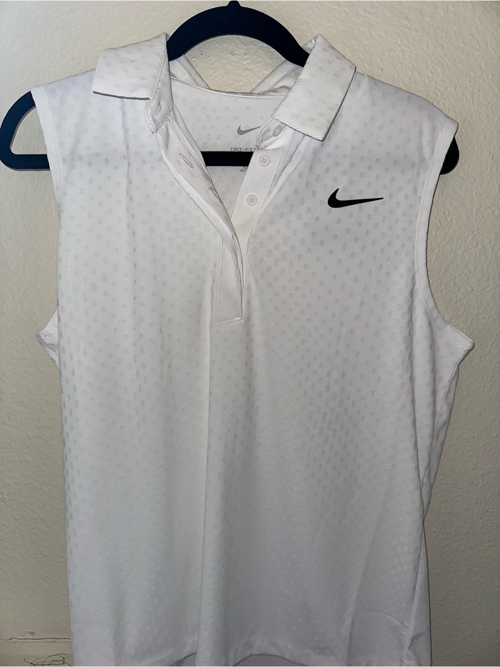 Nike White Sleeveless Dri-FIT Polo Tank with Black Swoosh
